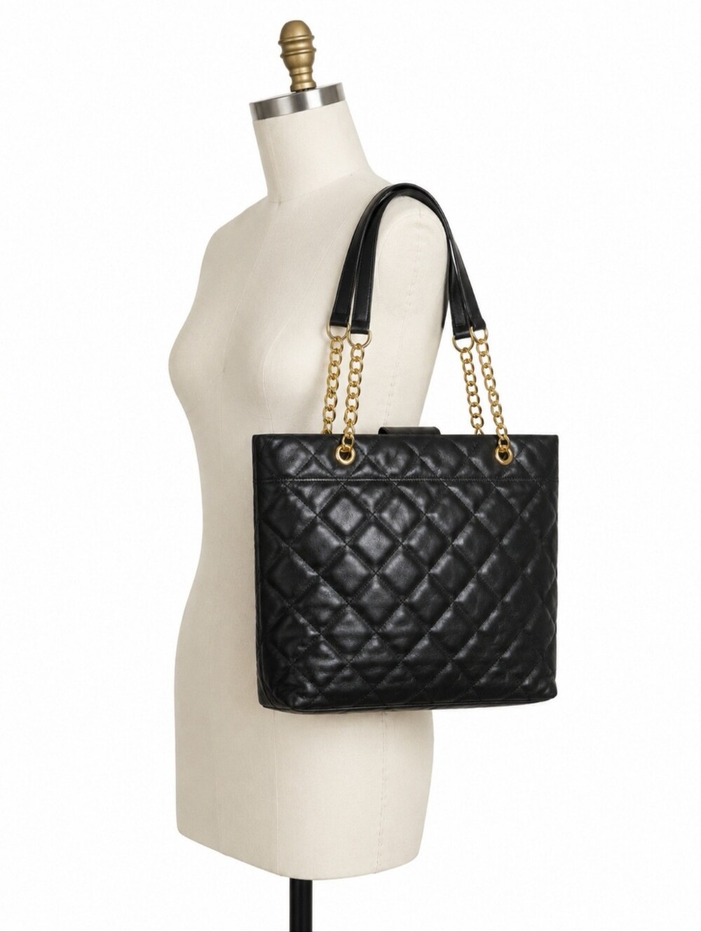 Talbots Quilted Leather Tote Bag | Black Gold Chain - Picture 2 of 11